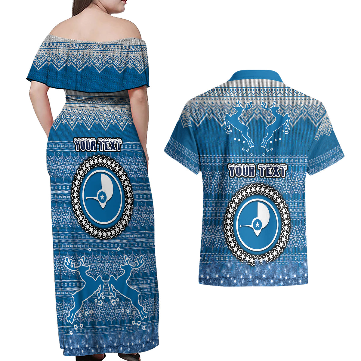 Personalised Yap Christmas Couples Matching Off Shoulder Maxi Dress and Hawaiian Shirt Coat of Arms Beautiful Merry Xmas Snowflake LT03 - Polynesian Pride