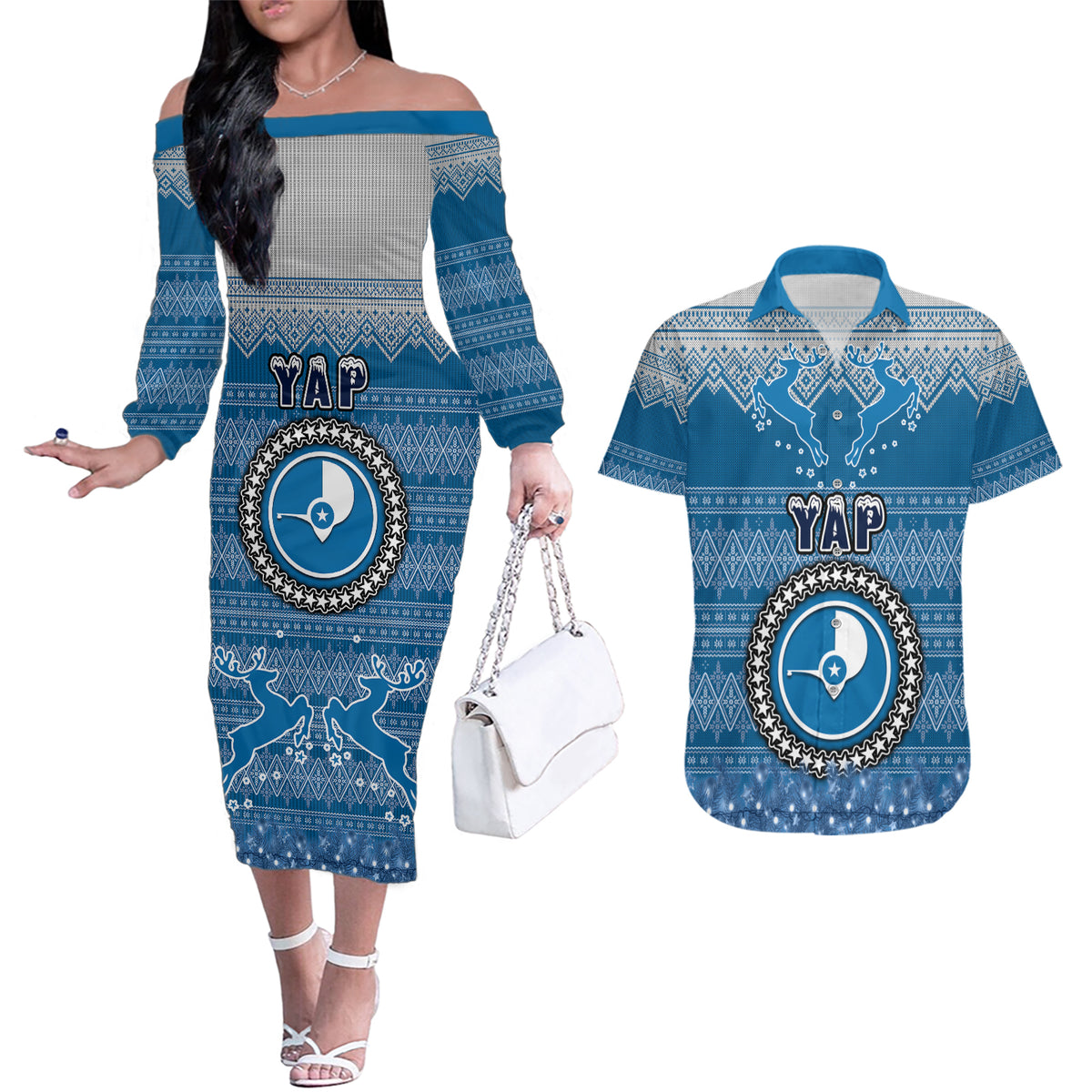 Personalised Yap Christmas Couples Matching Off The Shoulder Long Sleeve Dress and Hawaiian Shirt Coat of Arms Beautiful Merry Xmas Snowflake LT03 Blue - Polynesian Pride