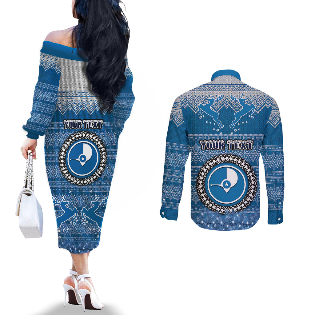 Personalised Yap Christmas Couples Matching Off The Shoulder Long Sleeve Dress and Long Sleeve Button Shirts Coat of Arms Beautiful Merry Xmas Snowflake LT03 - Polynesian Pride