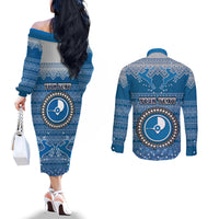 Personalised Yap Christmas Couples Matching Off The Shoulder Long Sleeve Dress and Long Sleeve Button Shirts Coat of Arms Beautiful Merry Xmas Snowflake LT03 - Polynesian Pride