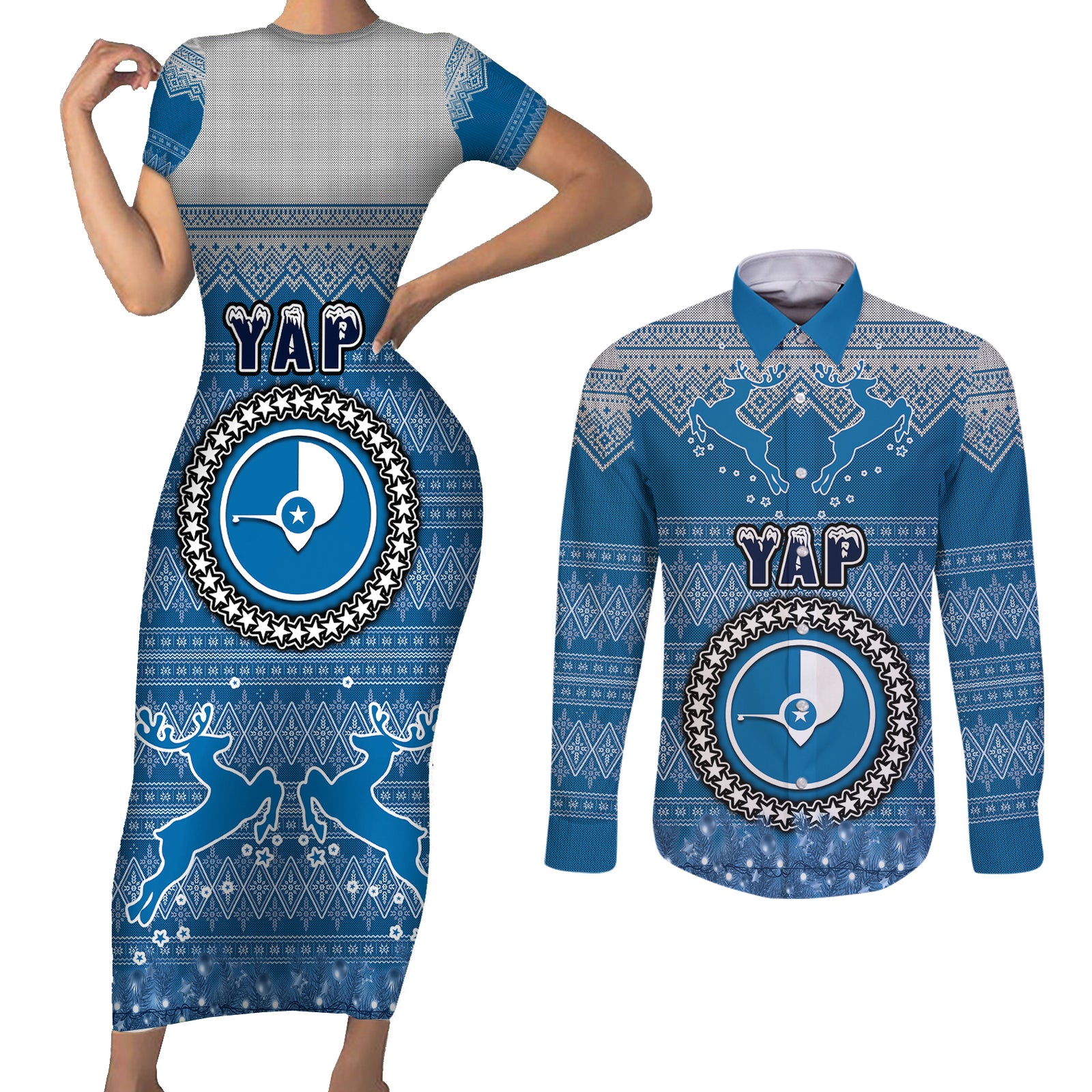 personalised-yap-christmas-couples-matching-short-sleeve-bodycon-dress-and-long-sleeve-button-shirts-coat-of-arms-beautiful-merry-xmas-snowflake