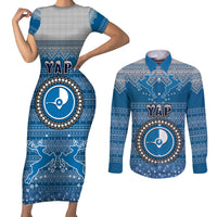 Personalised Yap Christmas Couples Matching Short Sleeve Bodycon Dress and Long Sleeve Button Shirts Coat of Arms Beautiful Merry Xmas Snowflake LT03 Blue - Polynesian Pride