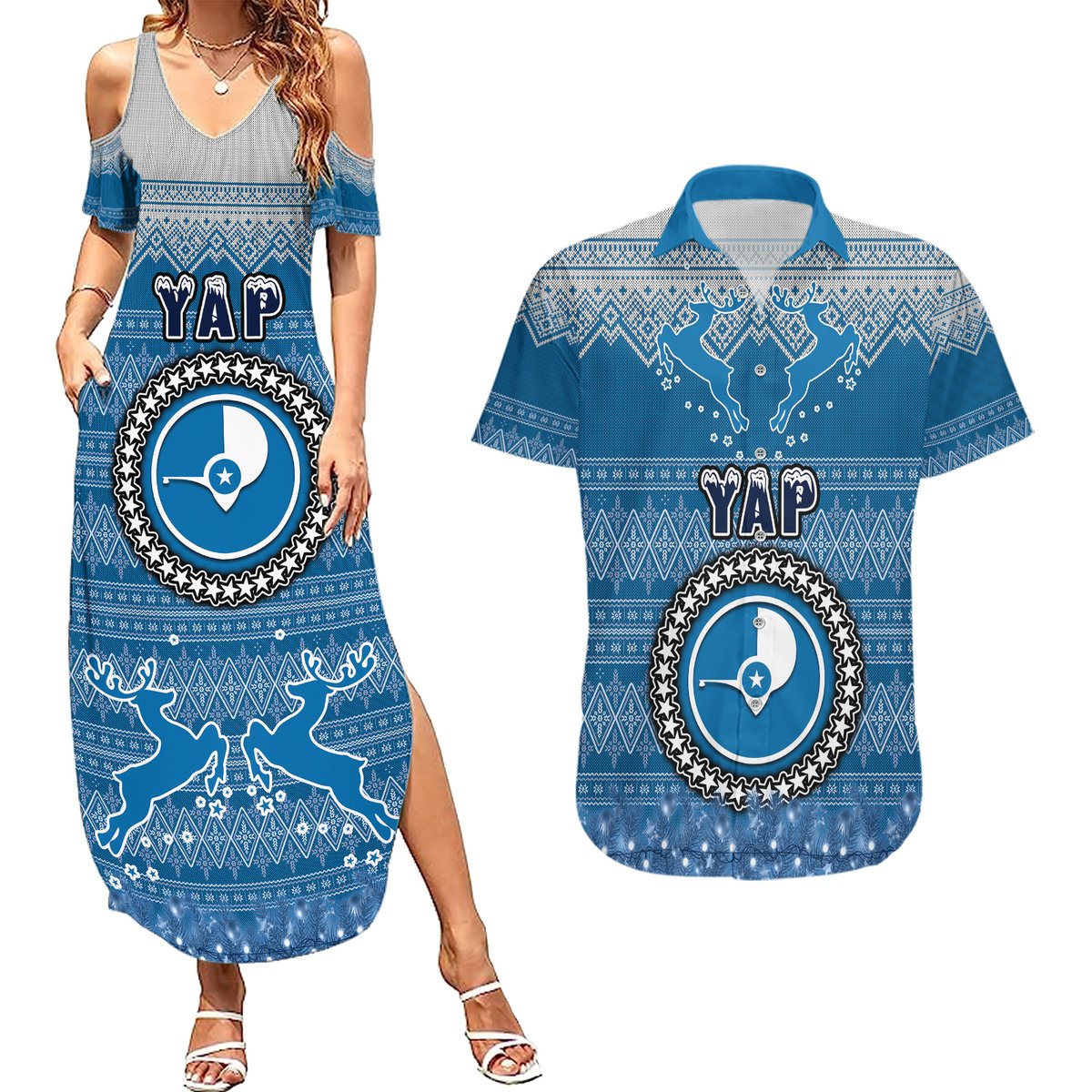 Personalised Yap Christmas Couples Matching Summer Maxi Dress and Hawaiian Shirt Coat of Arms Beautiful Merry Xmas Snowflake LT03 Blue - Polynesian Pride