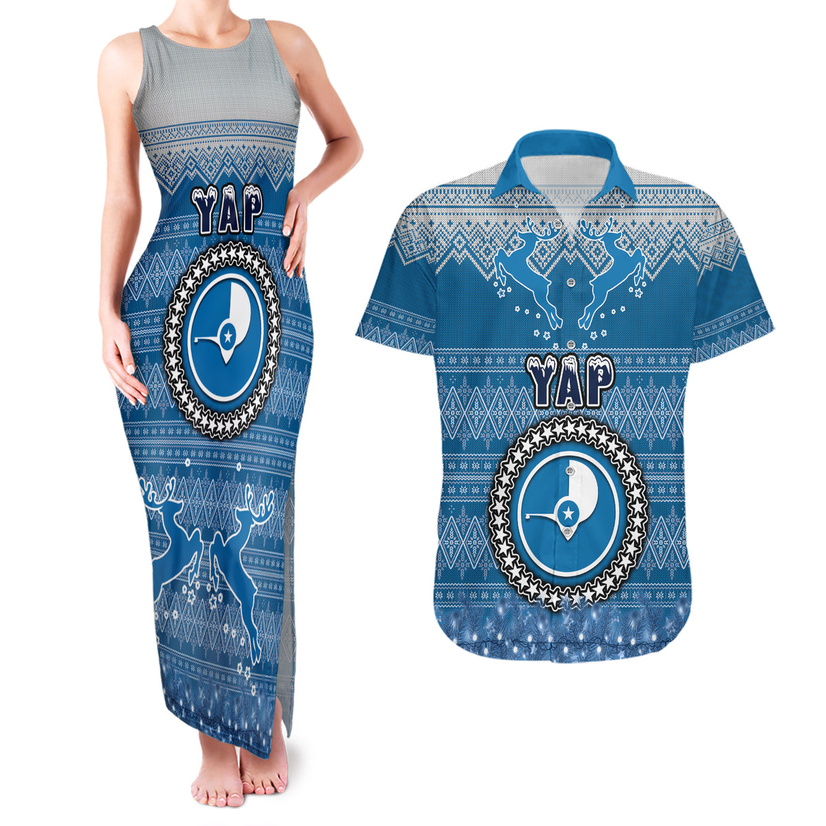 Personalised Yap Christmas Couples Matching Tank Maxi Dress and Hawaiian Shirt Coat of Arms Beautiful Merry Xmas Snowflake LT03 Blue - Polynesian Pride