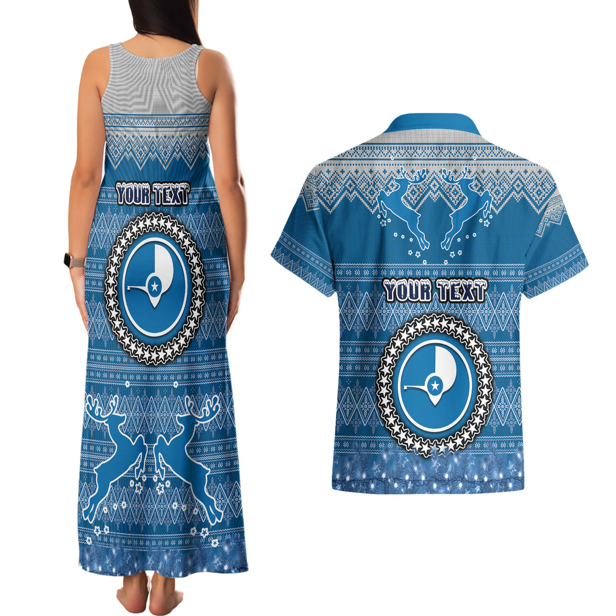 Personalised Yap Christmas Couples Matching Tank Maxi Dress and Hawaiian Shirt Coat of Arms Beautiful Merry Xmas Snowflake LT03 - Polynesian Pride