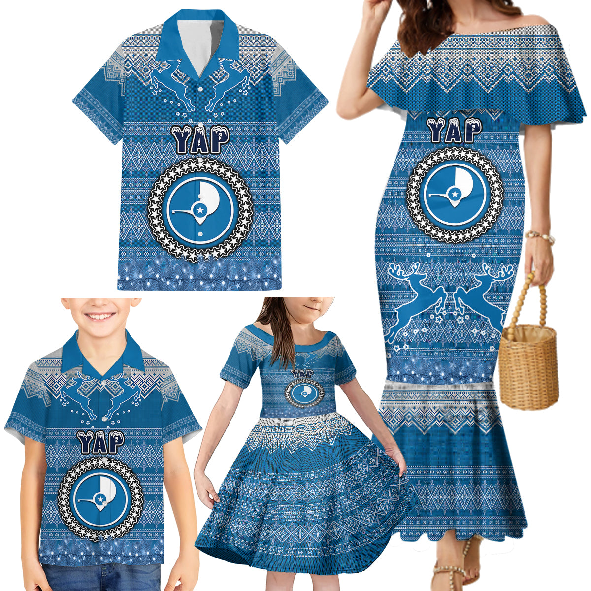 Personalised Yap Christmas Family Matching Mermaid Dress and Hawaiian Shirt Coat of Arms Beautiful Merry Xmas Snowflake LT03 - Polynesian Pride