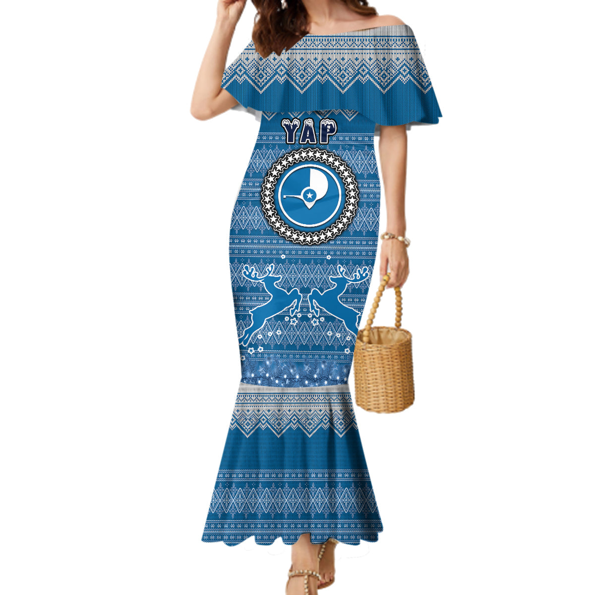 Personalised Yap Christmas Family Matching Mermaid Dress and Hawaiian Shirt Coat of Arms Beautiful Merry Xmas Snowflake LT03 Mom's Dress Blue - Polynesian Pride