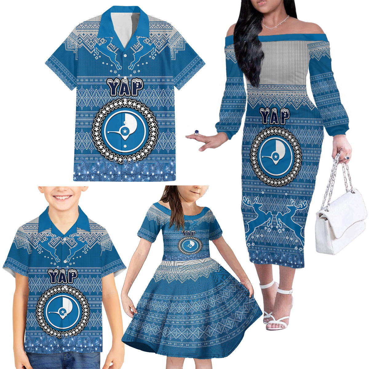 Personalised Yap Christmas Family Matching Off Shoulder Long Sleeve Dress and Hawaiian Shirt Coat of Arms Beautiful Merry Xmas Snowflake LT03 - Polynesian Pride