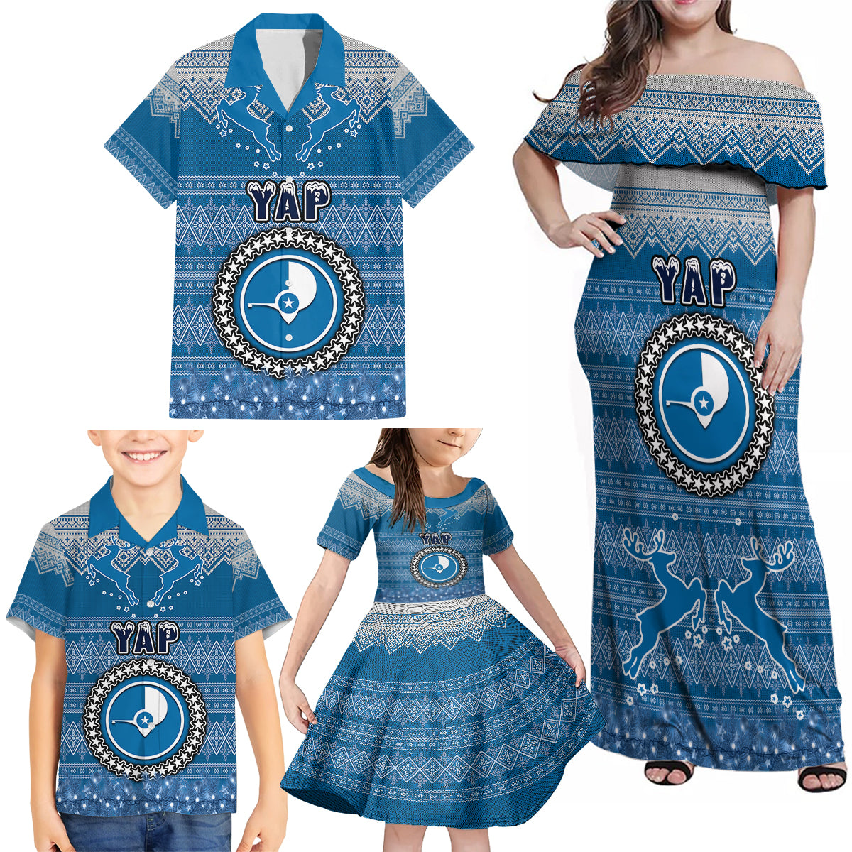 Personalised Yap Christmas Family Matching Off Shoulder Maxi Dress and Hawaiian Shirt Coat of Arms Beautiful Merry Xmas Snowflake LT03 - Polynesian Pride