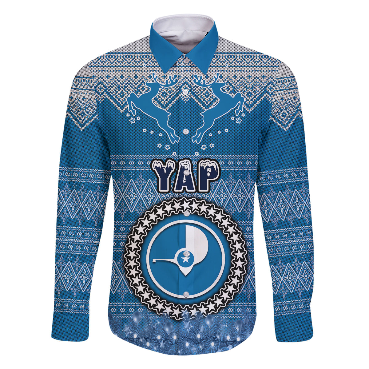 Personalised Yap Christmas Family Matching Off Shoulder Short Dress and Hawaiian Shirt Coat of Arms Beautiful Merry Xmas Snowflake LT03 Dad's Shirt - Long Sleeve Blue - Polynesian Pride