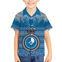 Personalised Yap Christmas Family Matching Off Shoulder Short Dress and Hawaiian Shirt Coat of Arms Beautiful Merry Xmas Snowflake LT03 Son's Shirt Blue - Polynesian Pride