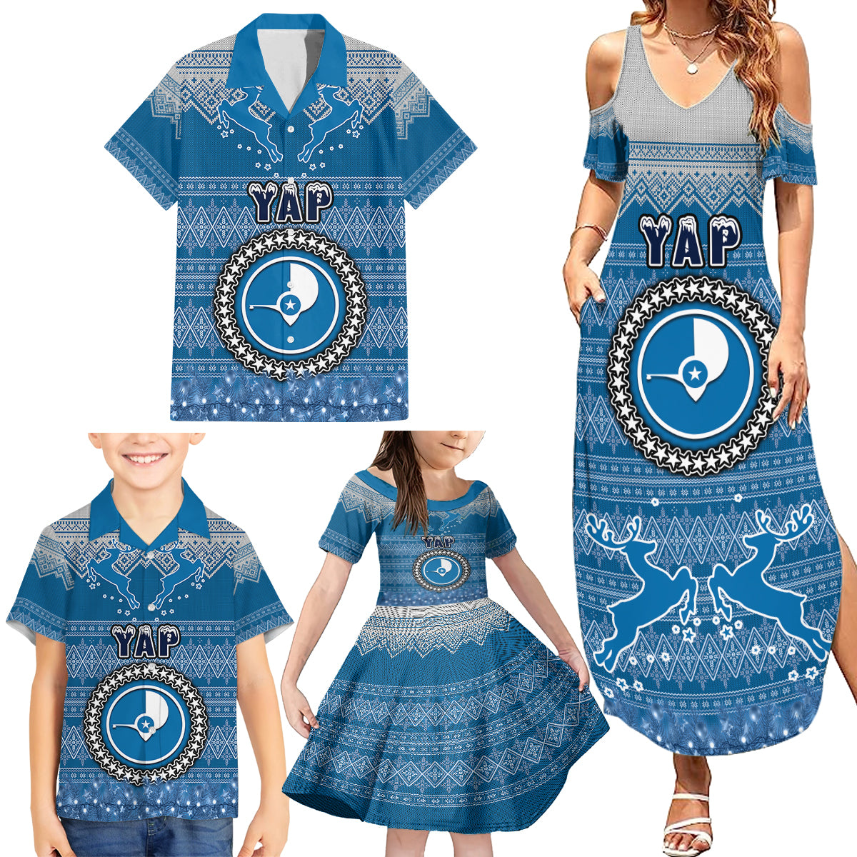 Personalised Yap Christmas Family Matching Summer Maxi Dress and Hawaiian Shirt Coat of Arms Beautiful Merry Xmas Snowflake LT03 - Polynesian Pride