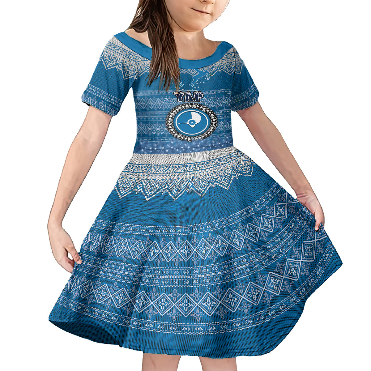 Personalised Yap Christmas Family Matching Tank Maxi Dress and Hawaiian Shirt Coat of Arms Beautiful Merry Xmas Snowflake LT03 Daughter's Dress Blue - Polynesian Pride