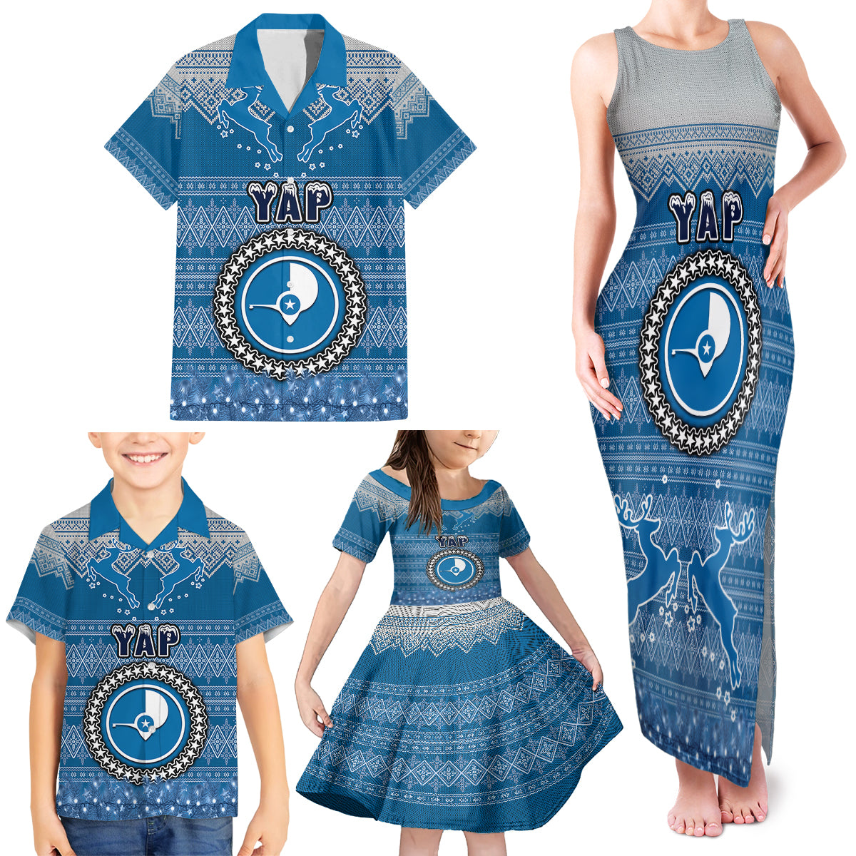 Personalised Yap Christmas Family Matching Tank Maxi Dress and Hawaiian Shirt Coat of Arms Beautiful Merry Xmas Snowflake LT03 - Polynesian Pride