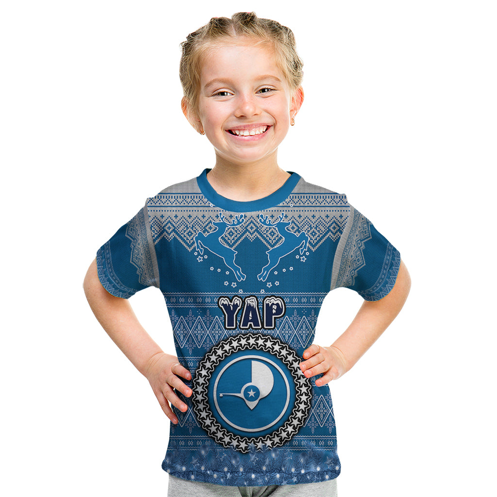 Personalised Yap Christmas Kid T Shirt Coat of Arms Beautiful Merry Xmas Snowflake LT03 Blue - Polynesian Pride