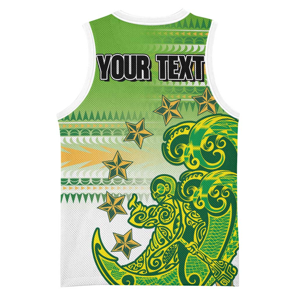 Personalised Cook Islands Va'a Race Basketball Jersey Te Tatau Tattoos Sporty Style Green-White Color LT03 - Polynesian Pride