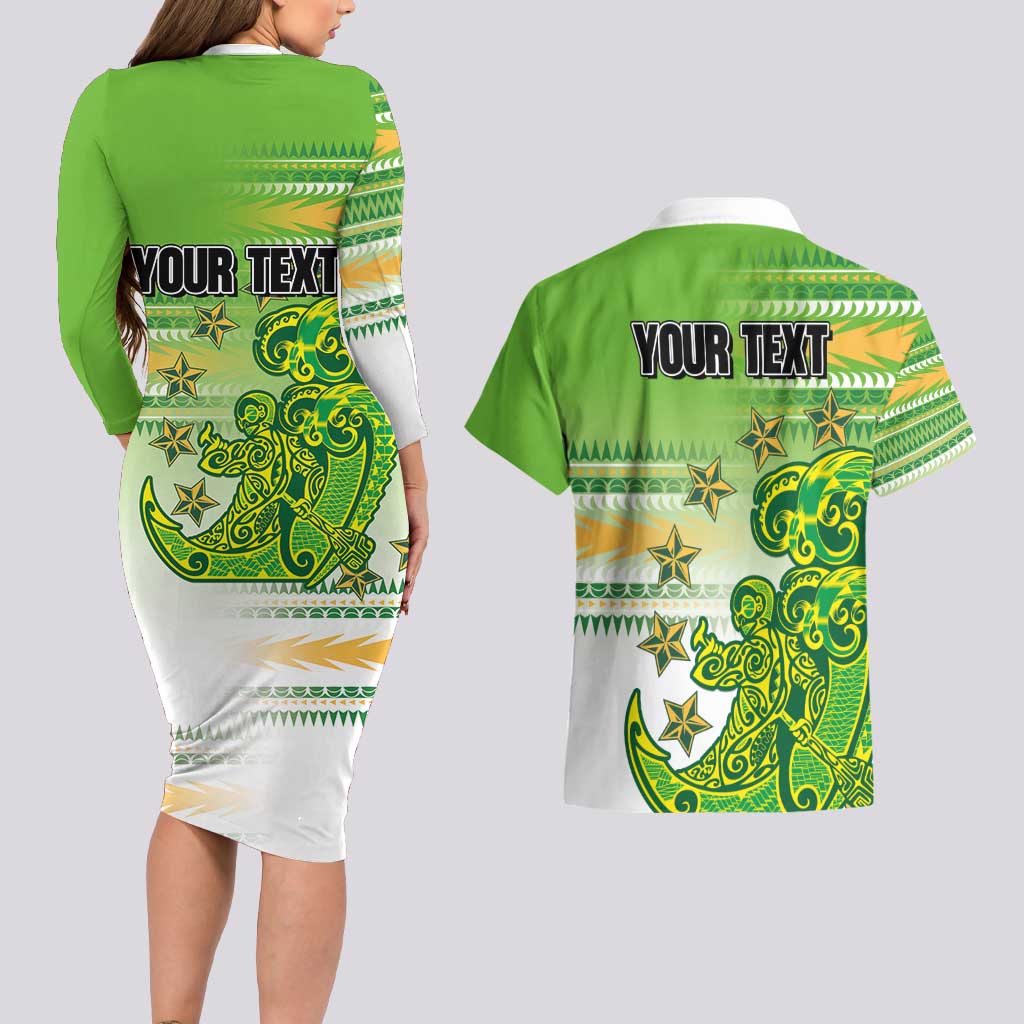 Personalised Cook Islands Va'a Race Couples Matching Long Sleeve Bodycon Dress and Hawaiian Shirt Te Tatau Tattoos Sporty Style Green-White Color LT03 - Polynesian Pride