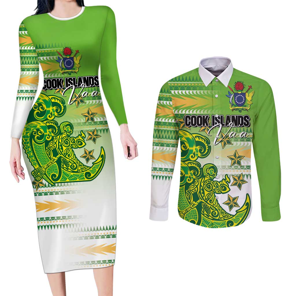 Personalised Cook Islands Va'a Race Couples Matching Long Sleeve Bodycon Dress and Long Sleeve Button Shirt Te Tatau Tattoos Sporty Style Green-White Color LT03 Green - Polynesian Pride