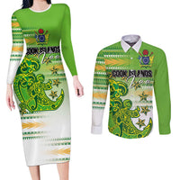 Personalised Cook Islands Va'a Race Couples Matching Long Sleeve Bodycon Dress and Long Sleeve Button Shirt Te Tatau Tattoos Sporty Style Green-White Color LT03 Green - Polynesian Pride