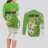 Personalised Cook Islands Va'a Race Couples Matching Long Sleeve Bodycon Dress and Long Sleeve Button Shirt Te Tatau Tattoos Sporty Style Green-White Color LT03 - Polynesian Pride