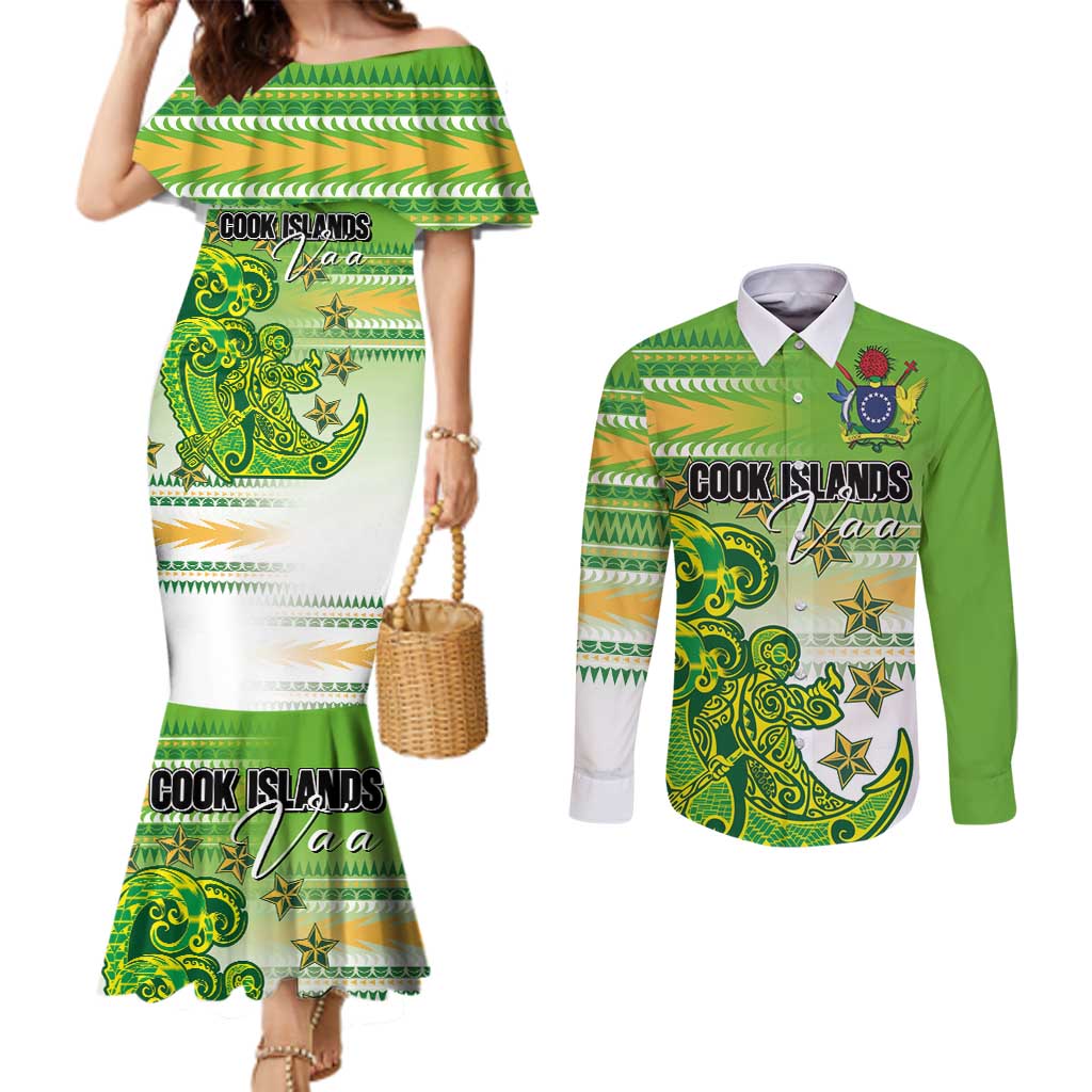 Personalised Cook Islands Va'a Race Couples Matching Mermaid Dress and Long Sleeve Button Shirt Te Tatau Tattoos Sporty Style Green-White Color LT03 Green - Polynesian Pride