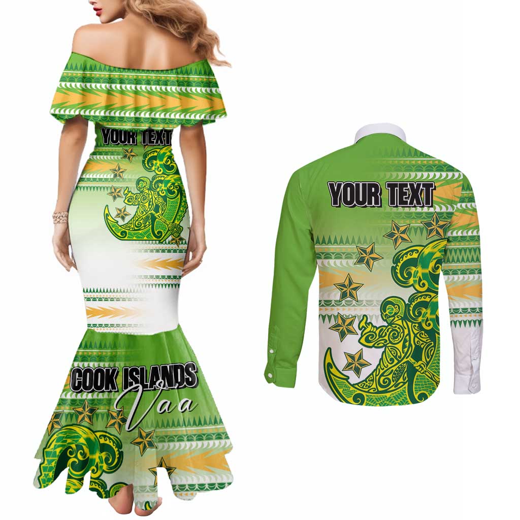 Personalised Cook Islands Va'a Race Couples Matching Mermaid Dress and Long Sleeve Button Shirt Te Tatau Tattoos Sporty Style Green-White Color LT03 - Polynesian Pride