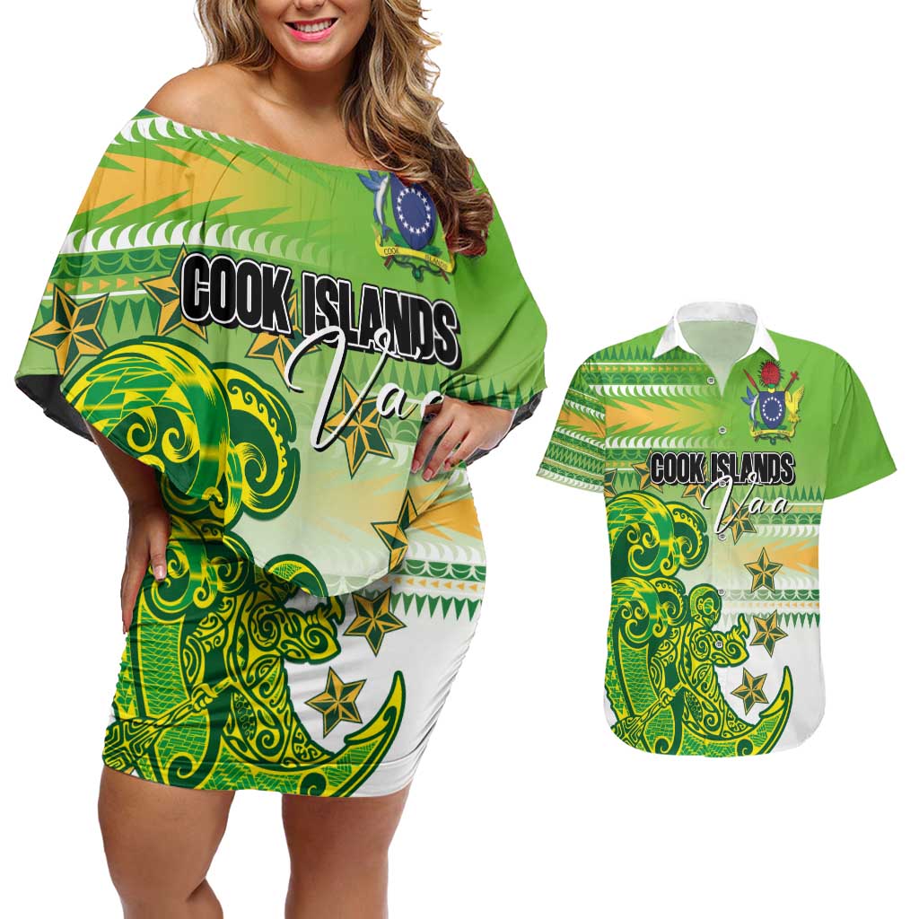 Personalised Cook Islands Va'a Race Couples Matching Off Shoulder Short Dress and Hawaiian Shirt Te Tatau Tattoos Sporty Style Green-White Color LT03 Green - Polynesian Pride