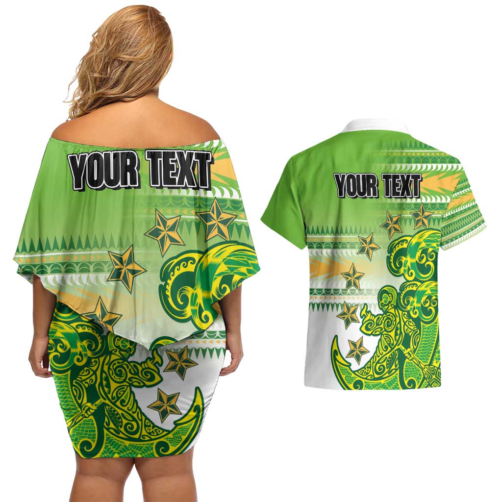 Personalised Cook Islands Va'a Race Couples Matching Off Shoulder Short Dress and Hawaiian Shirt Te Tatau Tattoos Sporty Style Green-White Color LT03 - Polynesian Pride
