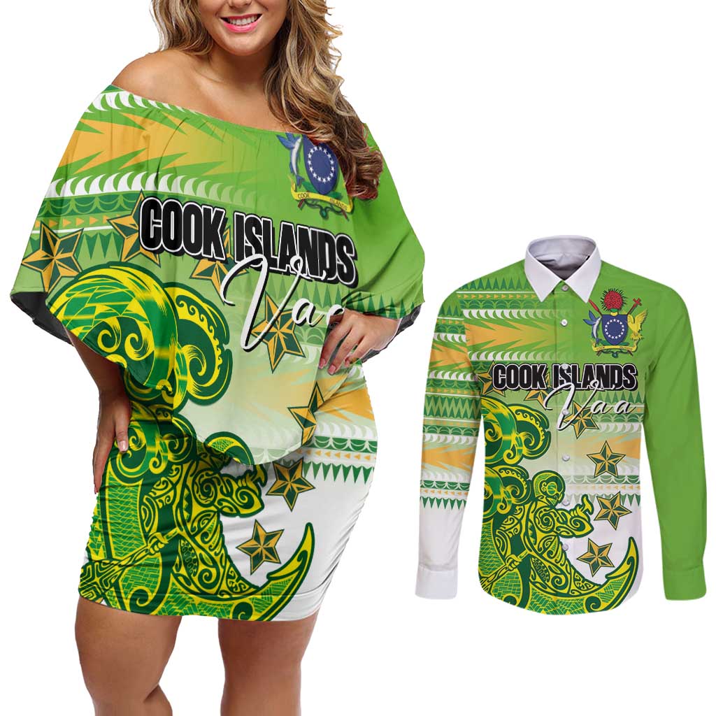 Personalised Cook Islands Va'a Race Couples Matching Off Shoulder Short Dress and Long Sleeve Button Shirt Te Tatau Tattoos Sporty Style Green-White Color LT03 Green - Polynesian Pride