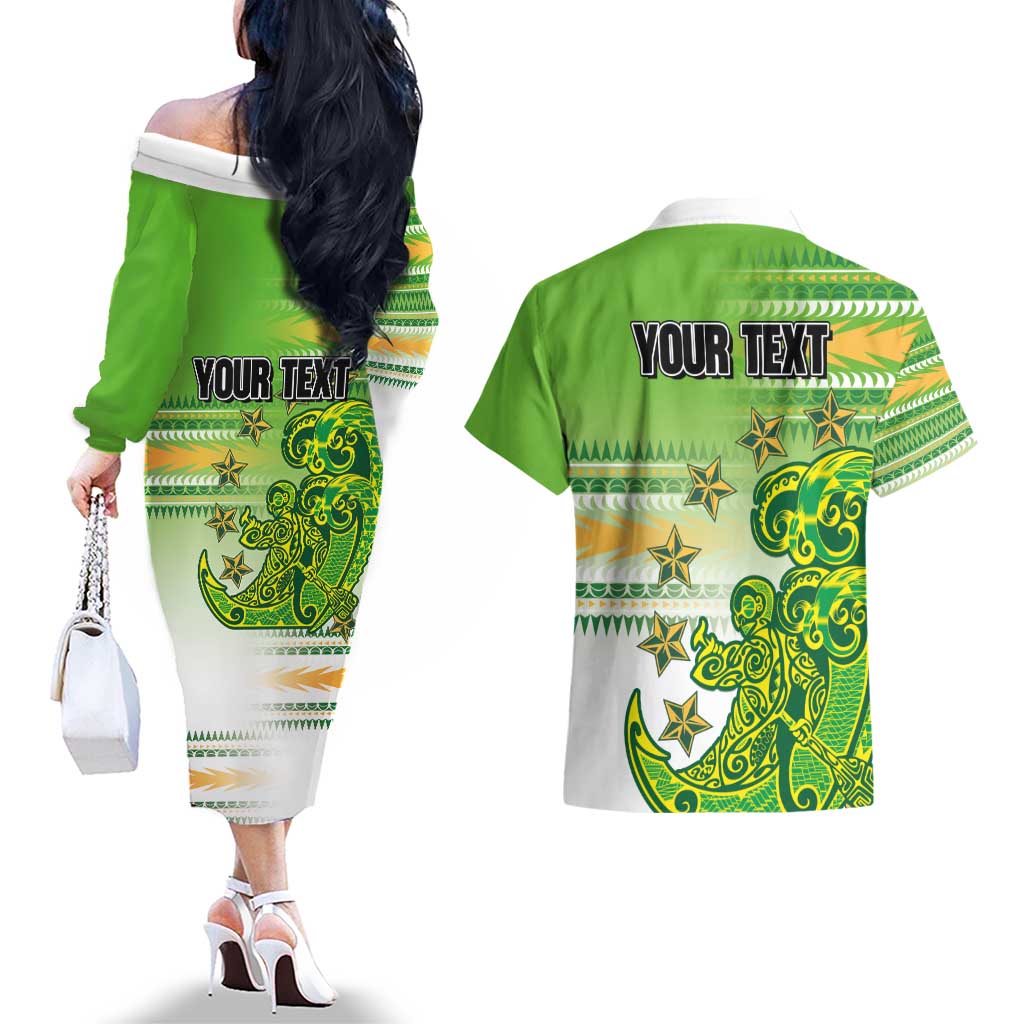 Personalised Cook Islands Va'a Race Couples Matching Off The Shoulder Long Sleeve Dress and Hawaiian Shirt Te Tatau Tattoos Sporty Style Green-White Color LT03 - Polynesian Pride