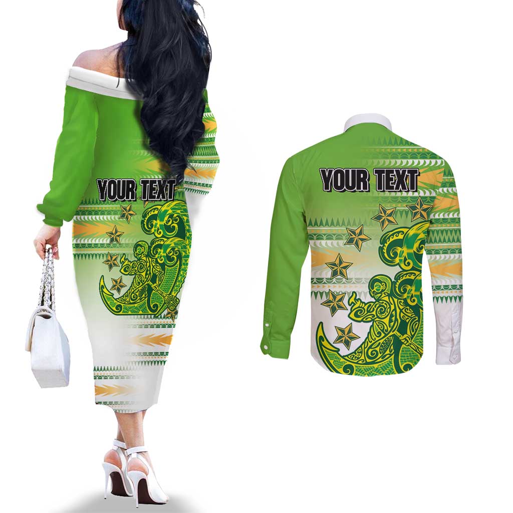 Personalised Cook Islands Va'a Race Couples Matching Off The Shoulder Long Sleeve Dress and Long Sleeve Button Shirt Te Tatau Tattoos Sporty Style Green-White Color LT03 - Polynesian Pride