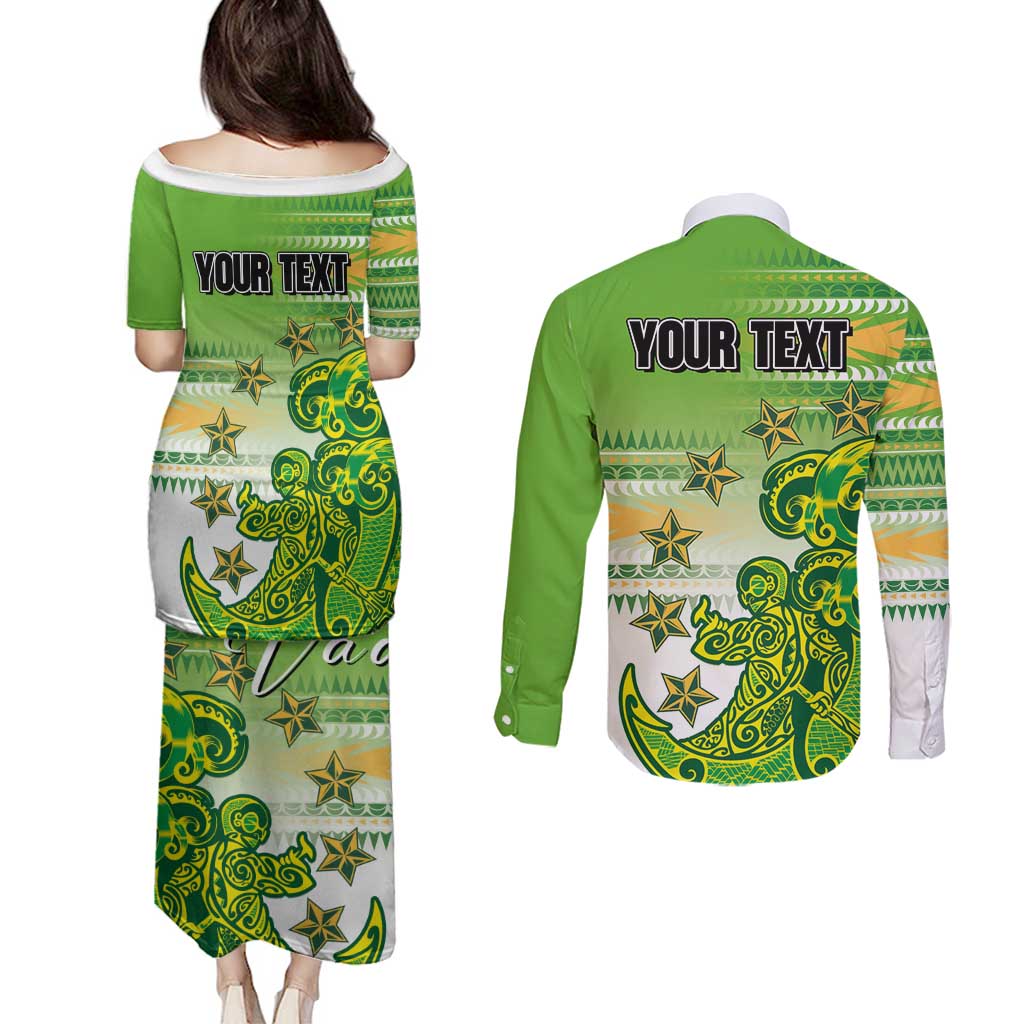Personalised Cook Islands Va'a Race Couples Matching Puletasi and Long Sleeve Button Shirt Te Tatau Tattoos Sporty Style Green-White Color LT03 - Polynesian Pride