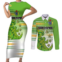 Personalised Cook Islands Va'a Race Couples Matching Short Sleeve Bodycon Dress and Long Sleeve Button Shirt Te Tatau Tattoos Sporty Style Green-White Color LT03 Green - Polynesian Pride