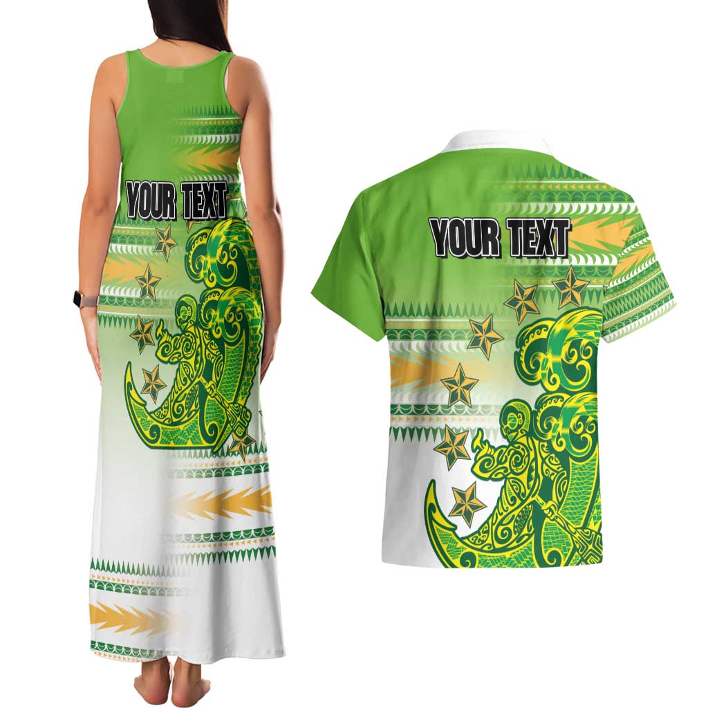 Personalised Cook Islands Va'a Race Couples Matching Tank Maxi Dress and Hawaiian Shirt Te Tatau Tattoos Sporty Style Green-White Color LT03 - Polynesian Pride