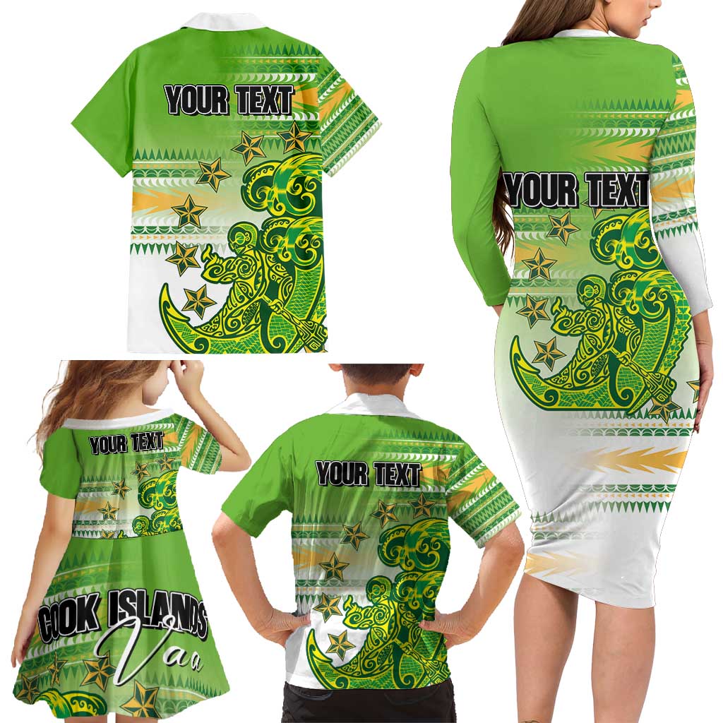 Personalised Cook Islands Va'a Race Family Matching Long Sleeve Bodycon Dress and Hawaiian Shirt Te Tatau Tattoos Sporty Style Green-White Color LT03 - Polynesian Pride