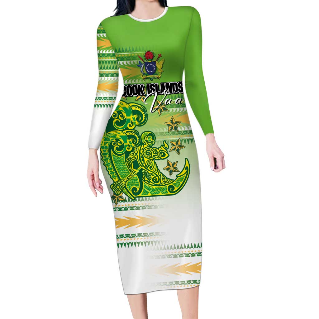 Personalised Cook Islands Va'a Race Family Matching Long Sleeve Bodycon Dress and Hawaiian Shirt Te Tatau Tattoos Sporty Style Green-White Color LT03 Mom's Dress Green - Polynesian Pride