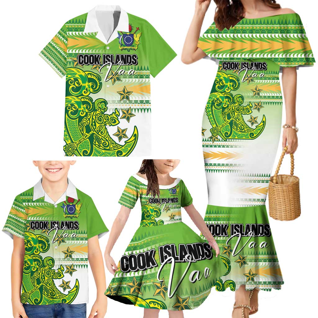 Personalised Cook Islands Va'a Race Family Matching Mermaid Dress and Hawaiian Shirt Te Tatau Tattoos Sporty Style Green-White Color LT03 - Polynesian Pride
