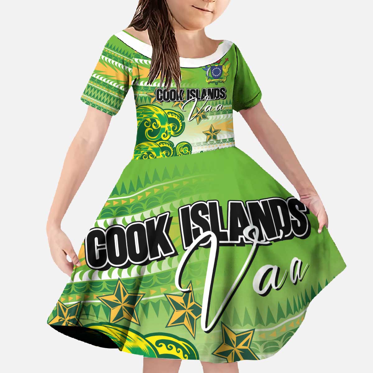 Personalised Cook Islands Va'a Race Family Matching Off The Shoulder Long Sleeve Dress and Hawaiian Shirt Te Tatau Tattoos Sporty Style Green-White Color LT03 Daughter's Dress Green - Polynesian Pride