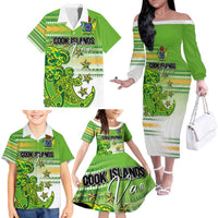 Personalised Cook Islands Va'a Race Family Matching Off The Shoulder Long Sleeve Dress and Hawaiian Shirt Te Tatau Tattoos Sporty Style Green-White Color LT03 - Polynesian Pride