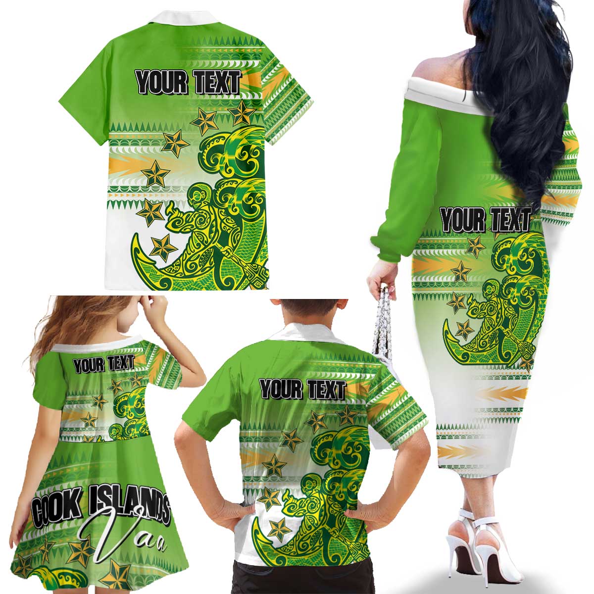 Personalised Cook Islands Va'a Race Family Matching Off The Shoulder Long Sleeve Dress and Hawaiian Shirt Te Tatau Tattoos Sporty Style Green-White Color LT03 - Polynesian Pride