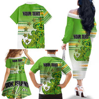 Personalised Cook Islands Va'a Race Family Matching Off The Shoulder Long Sleeve Dress and Hawaiian Shirt Te Tatau Tattoos Sporty Style Green-White Color LT03 - Polynesian Pride