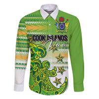 Personalised Cook Islands Va'a Race Family Matching Off The Shoulder Long Sleeve Dress and Hawaiian Shirt Te Tatau Tattoos Sporty Style Green-White Color LT03 Dad's Shirt - Long Sleeve Green - Polynesian Pride