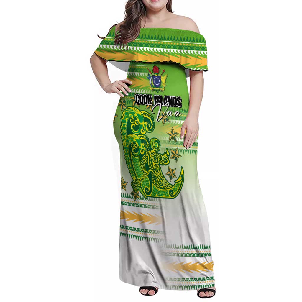 Personalised Cook Islands Va'a Race Family Matching Off Shoulder Maxi Dress and Hawaiian Shirt Te Tatau Tattoos Sporty Style Green-White Color LT03 Mom's Dress Green - Polynesian Pride