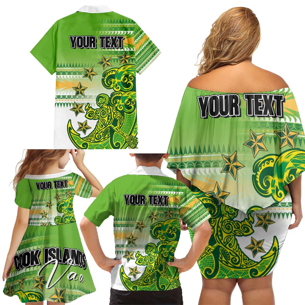 Personalised Cook Islands Va'a Race Family Matching Off Shoulder Short Dress and Hawaiian Shirt Te Tatau Tattoos Sporty Style Green-White Color LT03 - Polynesian Pride