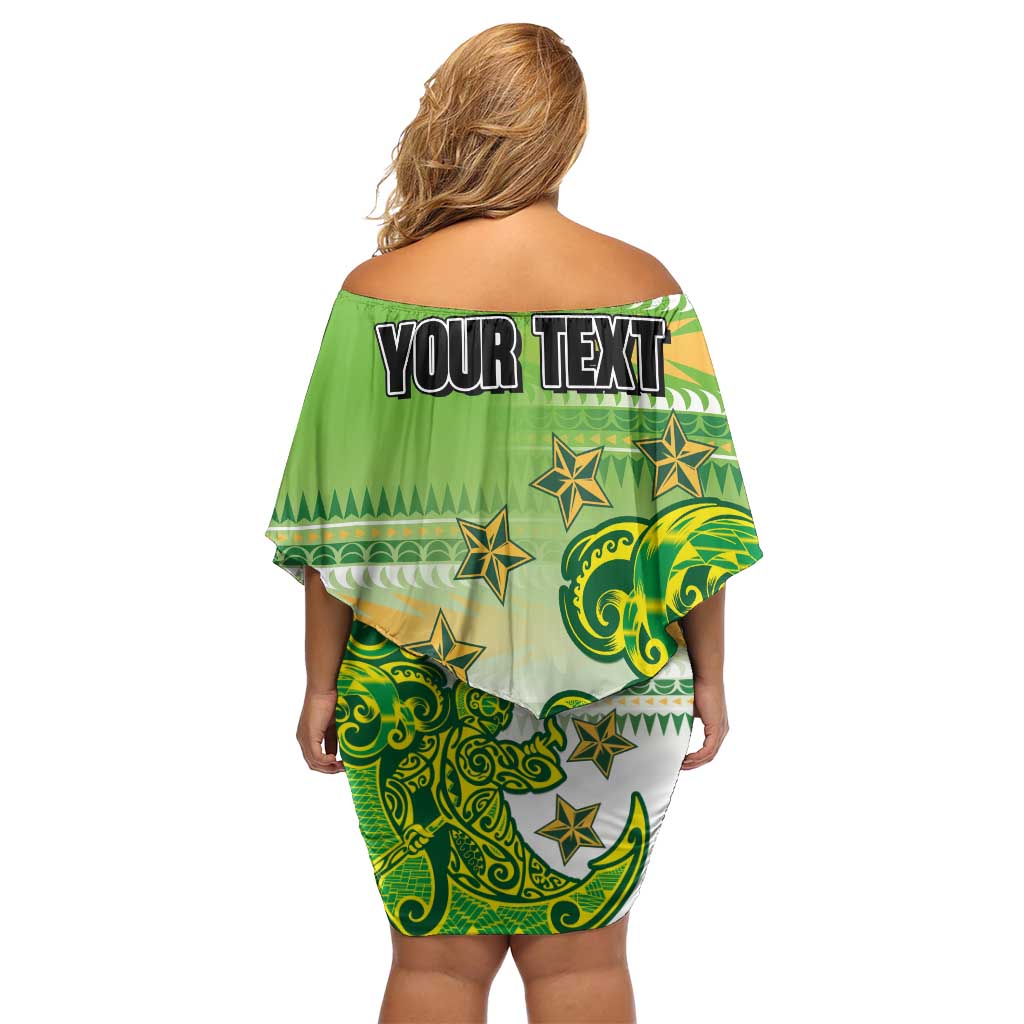 Personalised Cook Islands Va'a Race Family Matching Off Shoulder Short Dress and Hawaiian Shirt Te Tatau Tattoos Sporty Style Green-White Color LT03 - Polynesian Pride