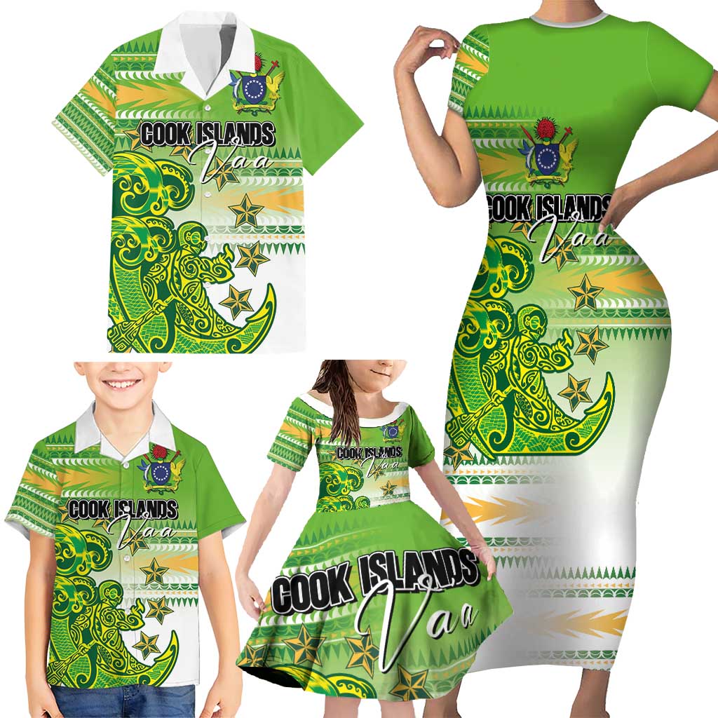 Personalised Cook Islands Va'a Race Family Matching Short Sleeve Bodycon Dress and Hawaiian Shirt Te Tatau Tattoos Sporty Style Green-White Color LT03 - Polynesian Pride