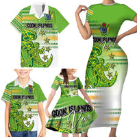 Personalised Cook Islands Va'a Race Family Matching Short Sleeve Bodycon Dress and Hawaiian Shirt Te Tatau Tattoos Sporty Style Green-White Color LT03 - Polynesian Pride