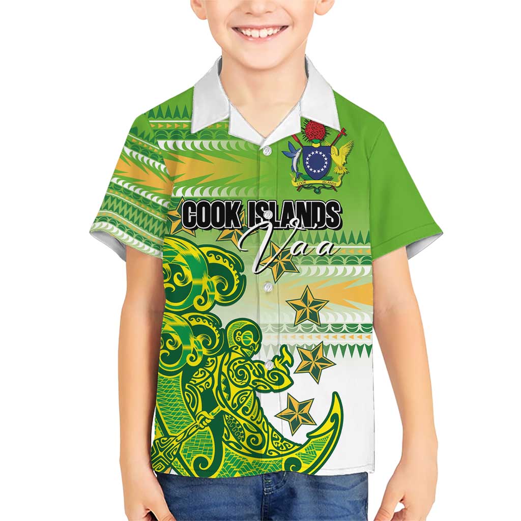 Personalised Cook Islands Va'a Race Family Matching Short Sleeve Bodycon Dress and Hawaiian Shirt Te Tatau Tattoos Sporty Style Green-White Color LT03 Son's Shirt Green - Polynesian Pride