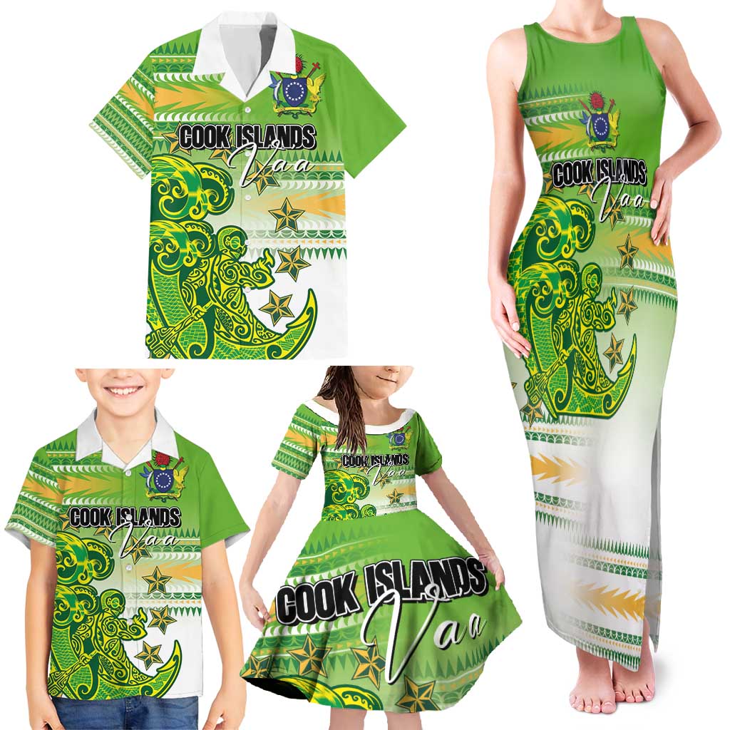 Personalised Cook Islands Va'a Race Family Matching Tank Maxi Dress and Hawaiian Shirt Te Tatau Tattoos Sporty Style Green-White Color LT03 - Polynesian Pride