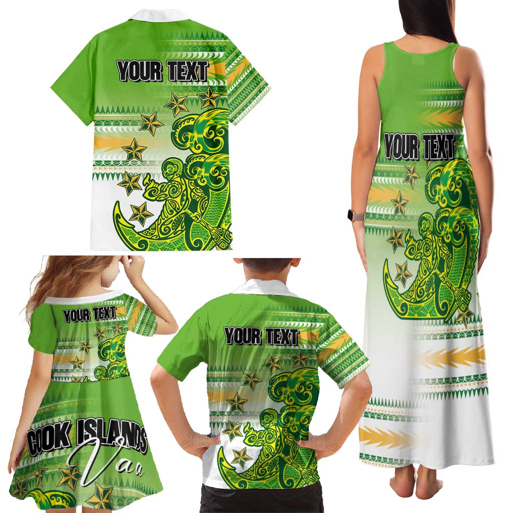 Personalised Cook Islands Va'a Race Family Matching Tank Maxi Dress and Hawaiian Shirt Te Tatau Tattoos Sporty Style Green-White Color LT03 - Polynesian Pride